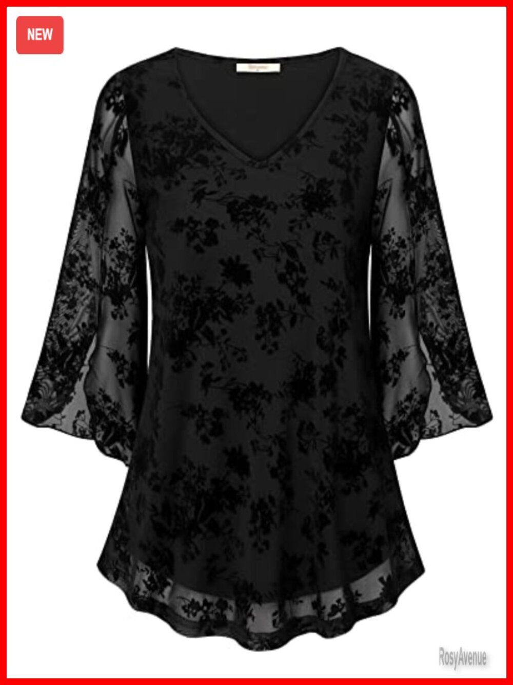 Ruffle 3/4 Sleeve V Neck Double Layer Mesh Tunic Loose Fit Flowy Blouse